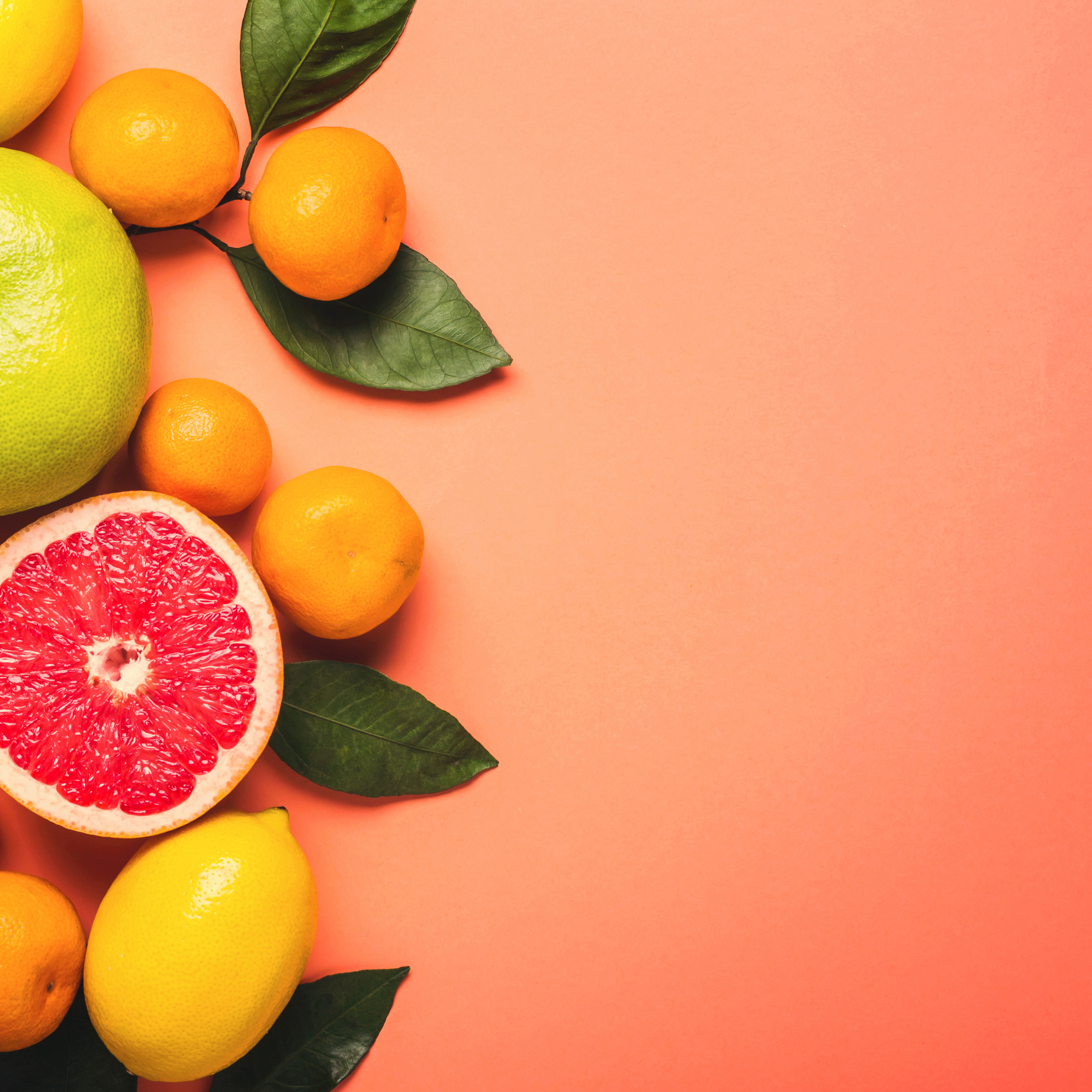 Healthy Food Living Coral Background. Citrus Fruit with Leaves. Color Trend 2019